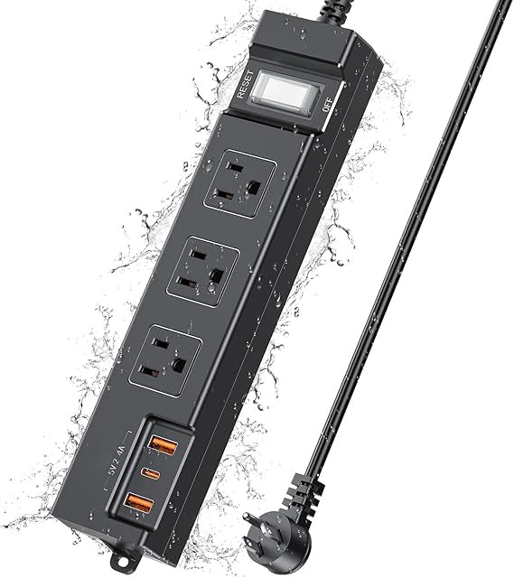 G02MU-KPQ Surge Protector Power Strip, 6Ft Extension Cord with 3 Outlets, 2 USB A and 1 USB C, IPX6 Heavy Duty Extension Cord for Indoor Outdoor, 1625W/13A, UL FCC IPX6 Listed (3AC Outlets + 2 USB A + 1 USB C)