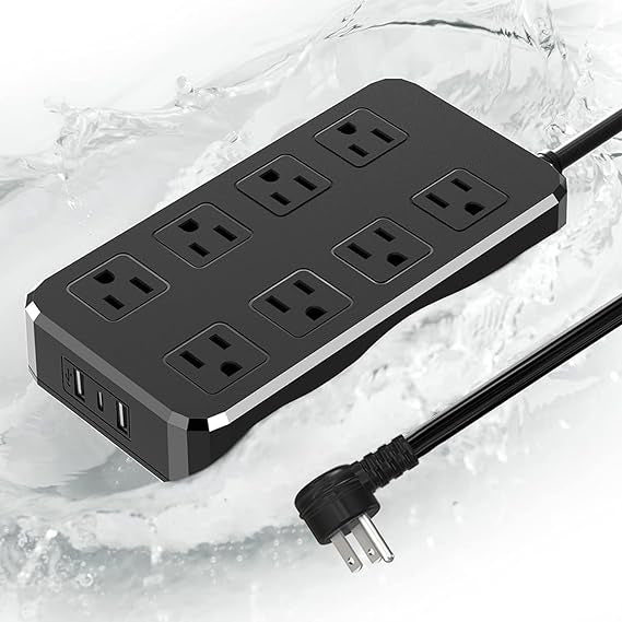 QY03U-KPQ Surge Protector Power Strip, 6Ft Extension Cord with 8 Outlets, 2 USB A 1 UBS C, IPX6 Heavy Duty Extension Cord for Indoor Outdoor, 1625W/13A, UL FCC IPX6 Listed (8AC Outlets + 2 USB A + 1 USB C)