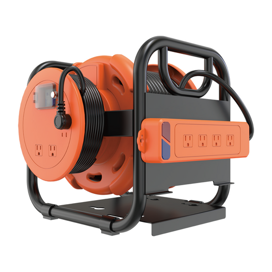 50M Cable Reel Power Strip with IPX6 Waterproof， 4 AC Polarized Safe Plug Holes and Warning Light