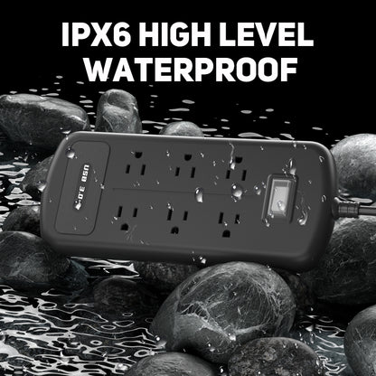 B3-1-KPQ Surge Protector Power Strip, 6Ft Extension Cord with 6 Outlets, 3 USB A IPX6 Heavy Duty Extension Cord for Indoor Outdoor, 1625W/13A, UL FCC IPX6 Listed (6AC Outlets + 3 USB A)