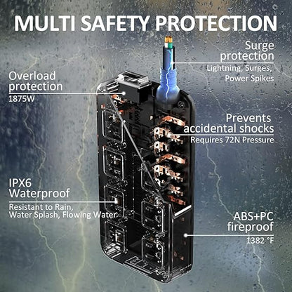 QY03U-KPQ Surge Protector Power Strip, 6Ft Extension Cord with 8 Outlets, 2 USB A 1 UBS C, IPX6 Heavy Duty Extension Cord for Indoor Outdoor, 1625W/13A, UL FCC IPX6 Listed (8AC Outlets + 2 USB A + 1 USB C)