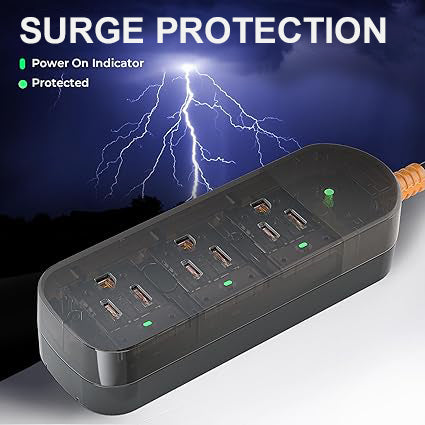 ZJ069-KPQ Surge Protector Power Strip, 6Ft Extension Cord with 3 Outlets, IPX6 Heavy Duty Extension Cord for Indoor Outdoor, 1625W/13A, UL FCC IPX6 Listed (3AC Outlets)