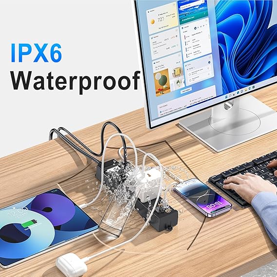 G02MU-KPQ Surge Protector Power Strip, 6Ft Extension Cord with 3 Outlets, 2 USB A and 1 USB C, IPX6 Heavy Duty Extension Cord for Indoor Outdoor, 1625W/13A, UL FCC IPX6 Listed (3AC Outlets + 2 USB A + 1 USB C)